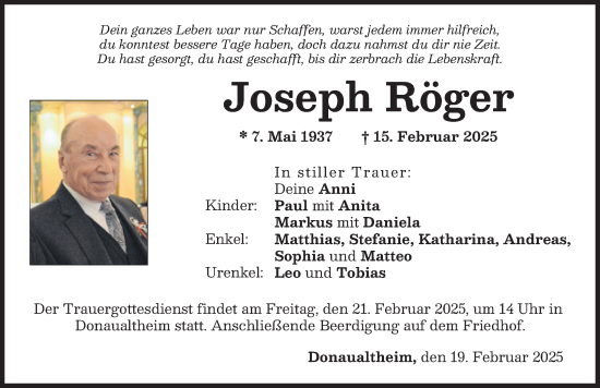 Traueranzeige von Joseph Röger von Donau Zeitung