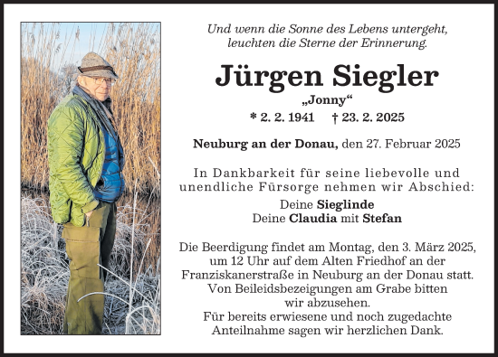 Traueranzeige von Jürgen Siegler von Neuburger Rundschau