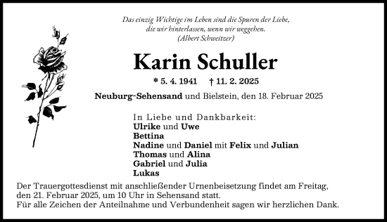 Traueranzeige von Karin Schuller von Neuburger Rundschau