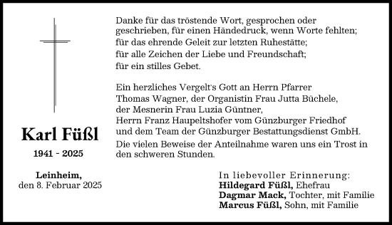 Traueranzeige von Karl Füßl von Günzburger Zeitung