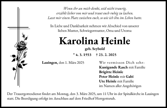 Traueranzeige von Karolina Heinle von Donau Zeitung