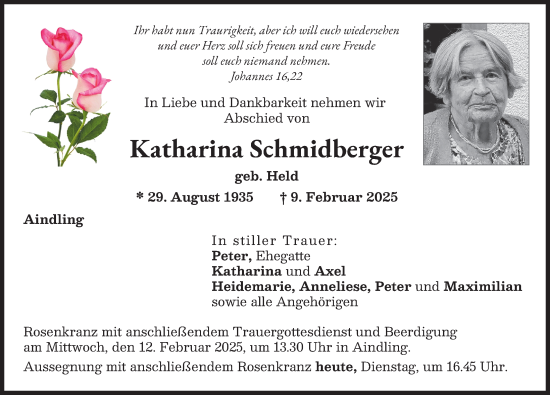 Traueranzeige von Katharina Schmidberger von Aichacher Nachrichten