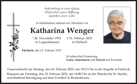 Traueranzeige von Katharina Wenger von Mindelheimer Zeitung