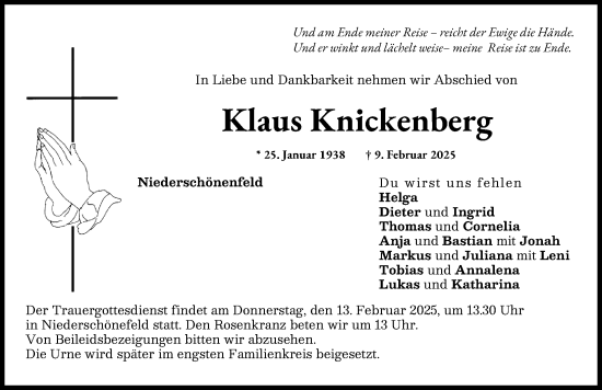 Traueranzeige von Klaus Knickenberg von Donauwörther Zeitung