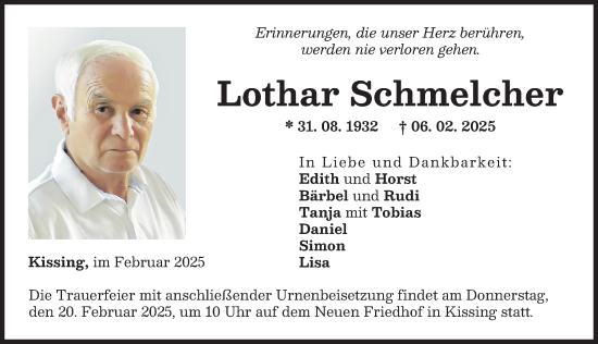 Traueranzeige von Lothar Schmelcher von Friedberger Allgemeine