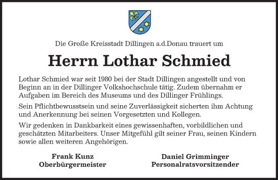 Traueranzeige von Lothar Schmied von Donau Zeitung