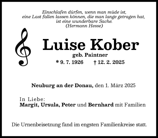 Traueranzeige von Luise Kober von Neuburger Rundschau