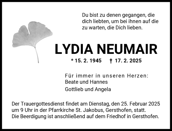 Traueranzeige von Lydia Neumair von Augsburger Allgemeine