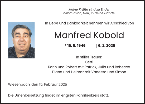 Traueranzeige von Manfred Kobold von Mittelschwäbische Nachrichten