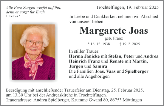 Traueranzeige von Margarete Joas von Rieser Nachrichten