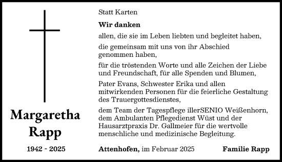 Traueranzeige von Margaretha Rapp von Illertisser Zeitung, Neu-Ulmer Zeitung