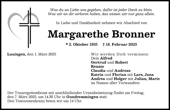 Traueranzeige von Margarethe Bronner von Donau Zeitung
