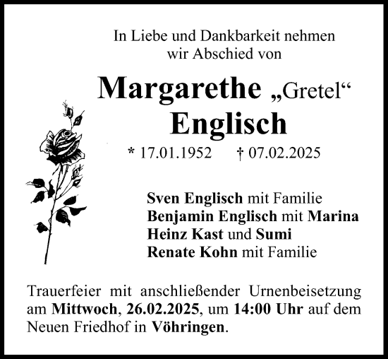 Traueranzeige von Margarethe Englisch von Illertisser Zeitung