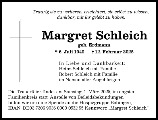 Traueranzeige von Margret Schleich von Augsburger Allgemeine