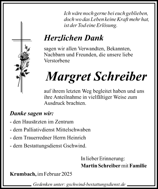 Traueranzeige von Margret Schreiber von Mittelschwäbische Nachrichten