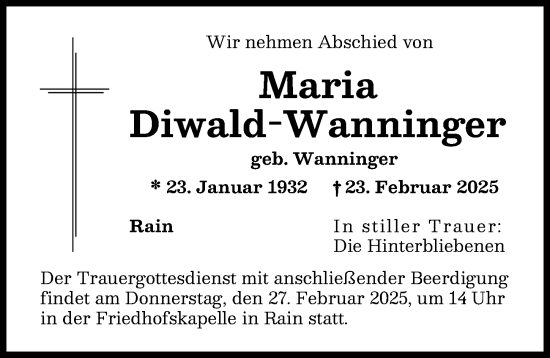 Traueranzeige von Maria Diwald-Wanninger von Donauwörther Zeitung