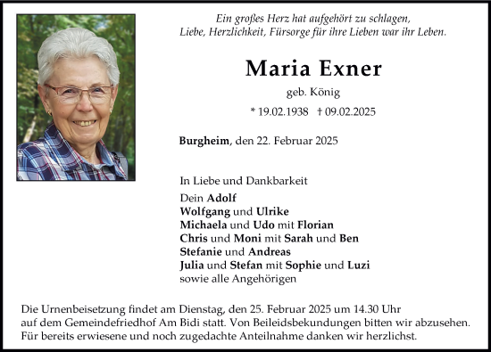 Traueranzeige von Maria Exner von Neuburger Rundschau