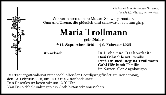 Traueranzeige von Maria Trollmann von Rieser Nachrichten, Donauwörther Zeitung