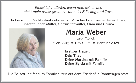 Traueranzeige von Maria Weber von Mindelheimer Zeitung