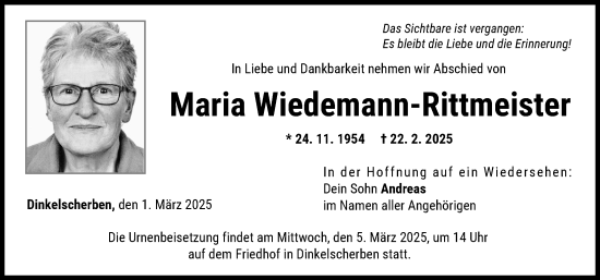 Traueranzeige von Maria Wiedemann-Rittmeister von Augsburg-Land