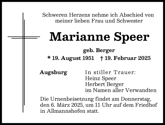 Traueranzeige von Marianne Speer von Augsburger Allgemeine