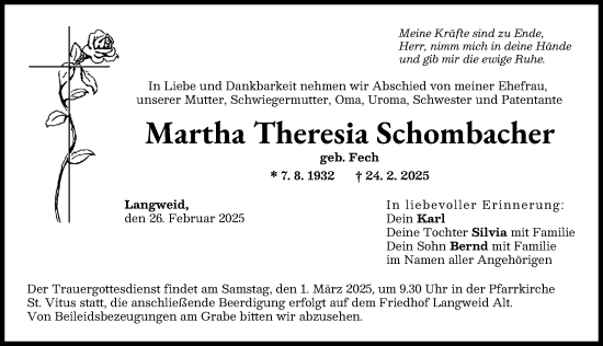 Traueranzeige von Martha Theresia Schombacher von Wertinger Zeitung, Augsburg-Land