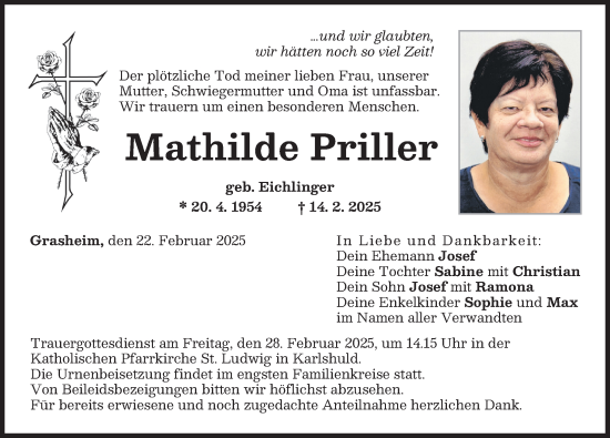 Traueranzeige von Mathilde Priller von Neuburger Rundschau
