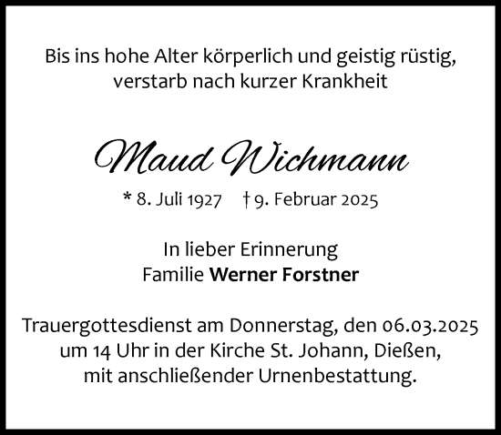 Traueranzeige von Maud Wichmann von Ammersee Kurier