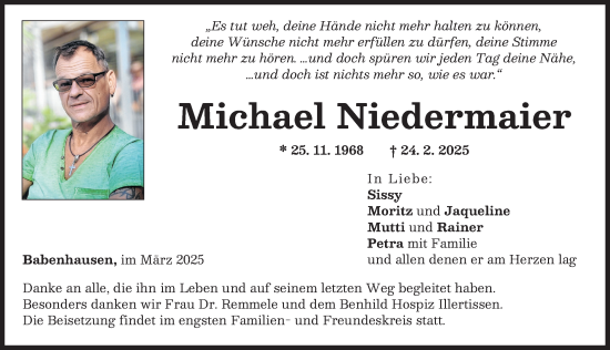 Traueranzeige von Michael Niedermaier von Illertisser Zeitung