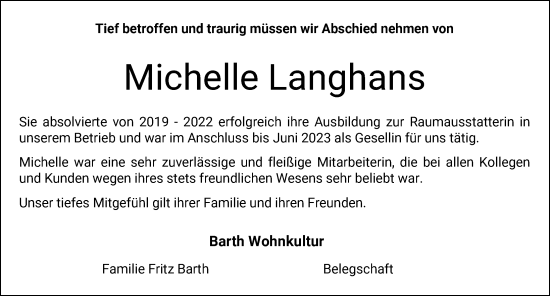 Traueranzeige von Michelle Langhans von Mindelheimer Zeitung