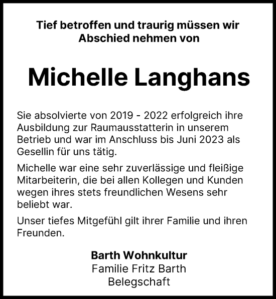 Traueranzeige von Michelle Langhans von Mindelheimer Zeitung