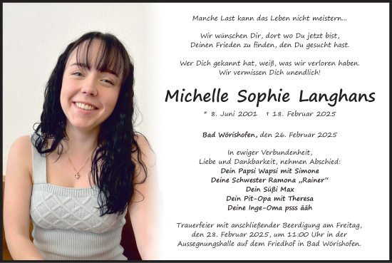 Traueranzeige von Michelle Sophie Langhans von Mindelheimer Zeitung