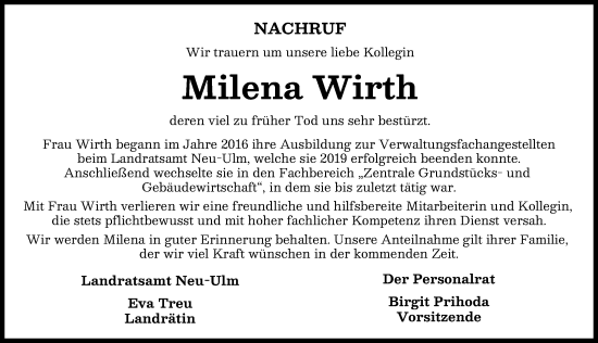 Traueranzeige von Milena Wirth von Günzburger Zeitung