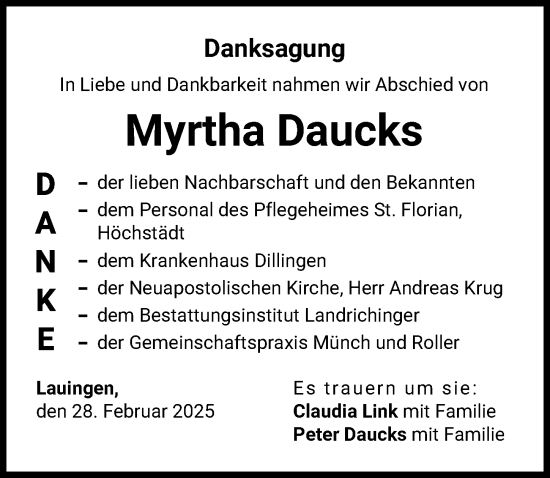Traueranzeige von Myrtha Daucks von Donau Zeitung