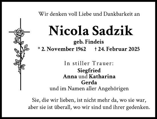 Traueranzeige von Nicola Sadzik von Friedberger Allgemeine