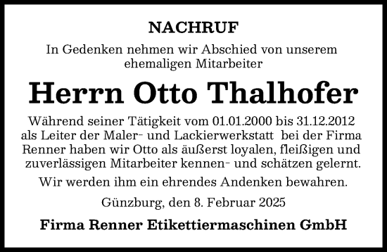 Traueranzeige von Otto Thalhofer von Günzburger Zeitung