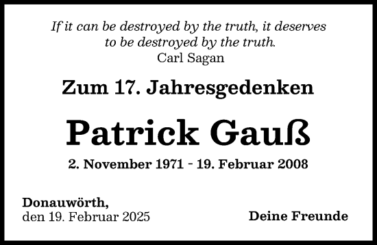 Traueranzeige von Patrick Gauß von Donauwörther Zeitung