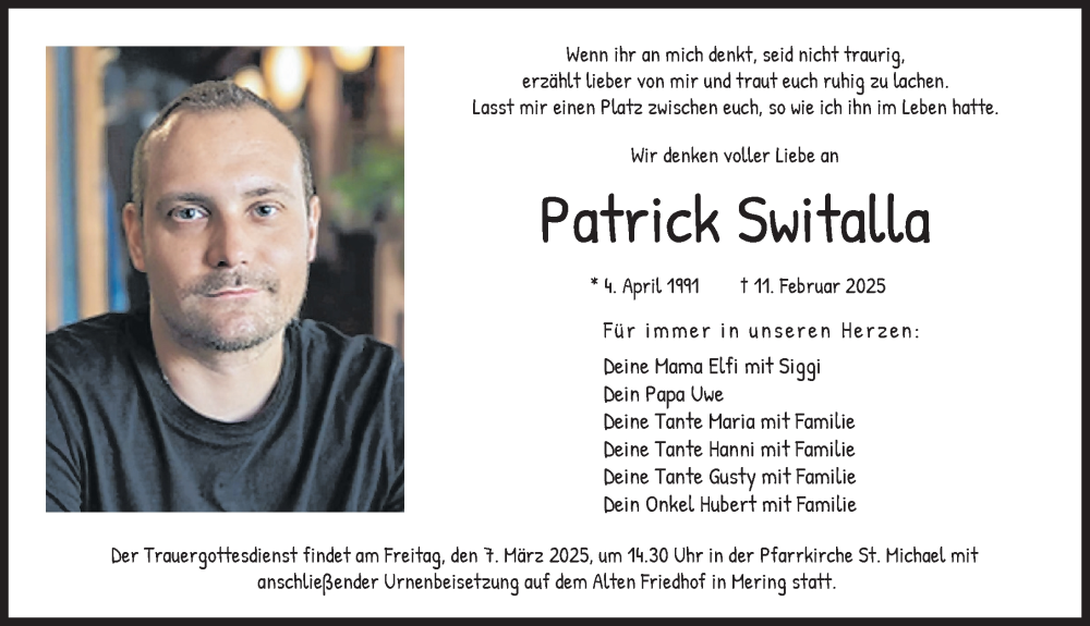  Traueranzeige für Patrick Switalla vom 01.03.2025 aus Friedberger Allgemeine