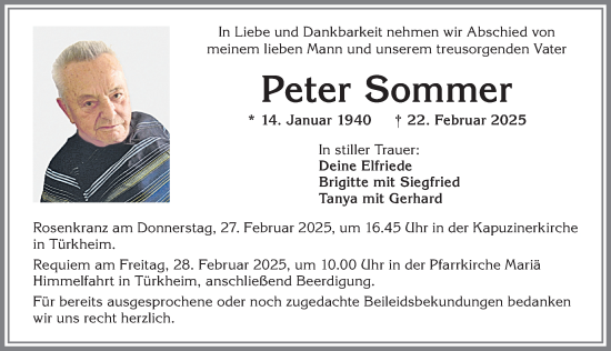 Traueranzeige von Peter Sommer von Mindelheimer Zeitung