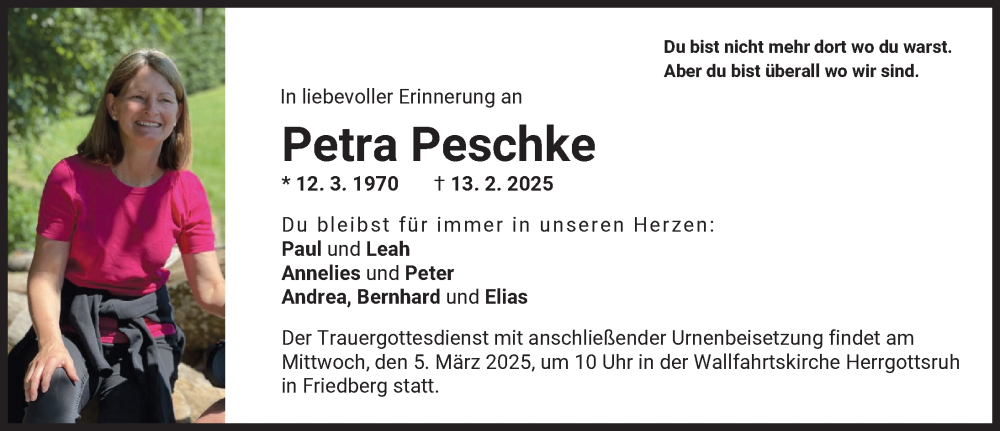  Traueranzeige für Petra Peschke vom 01.03.2025 aus Friedberger Allgemeine