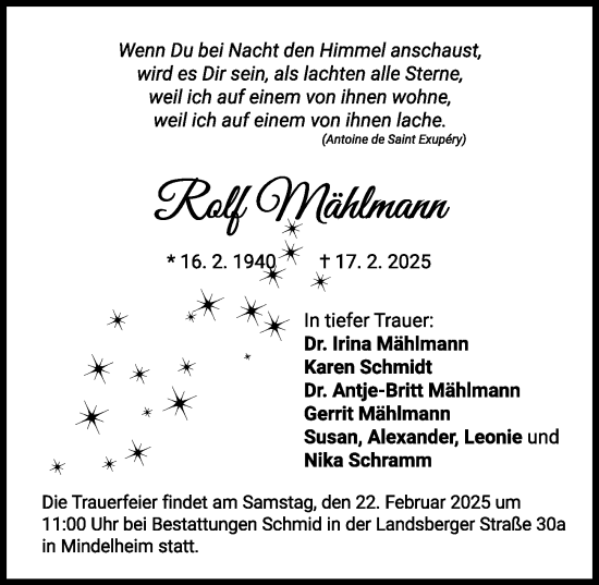 Traueranzeige von Rolf Mählmann von Mindelheimer Zeitung