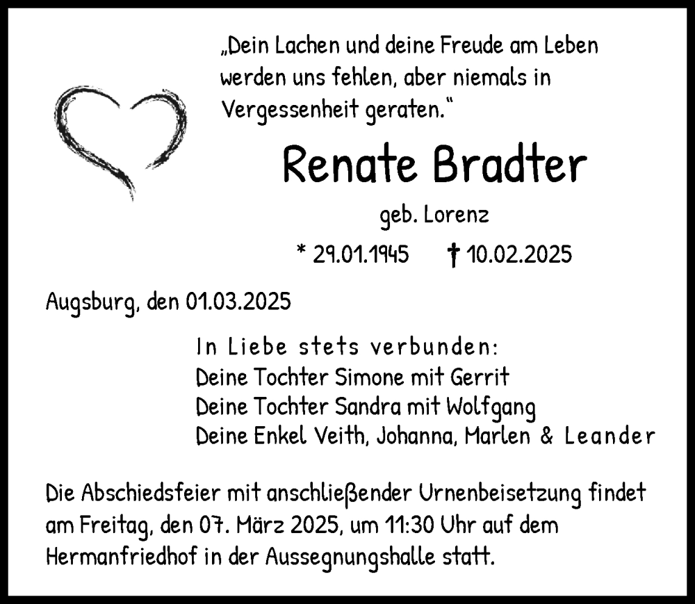  Traueranzeige für Renate Bradter vom 01.03.2025 aus Augsburger Allgemeine