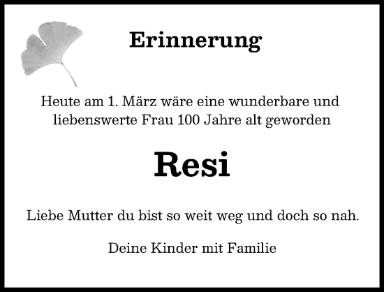 Traueranzeige von Resi  von Neu-Ulmer Zeitung, Illertisser Zeitung