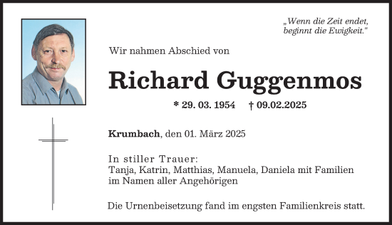Traueranzeige von Richard Guggenmos von Mittelschwäbische Nachrichten