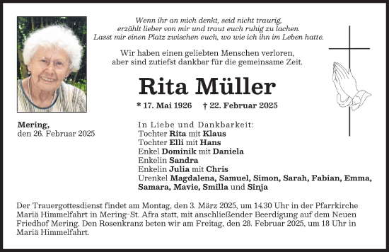 Traueranzeige von Rita Müller von Friedberger Allgemeine