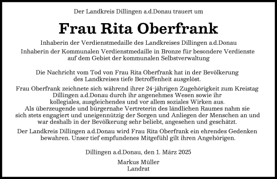 Traueranzeige von Rita Oberfrank von Donau Zeitung