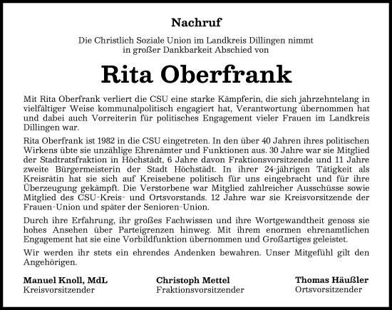Traueranzeige von Rita Oberfrank von Donau Zeitung