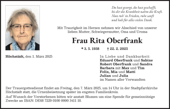 Traueranzeige von Rita Oberfrank von Donau Zeitung