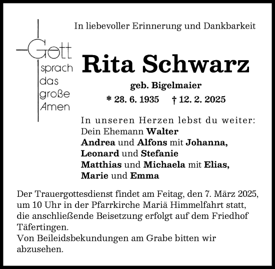 Traueranzeige von Rita Schwarz von Augsburger Allgemeine