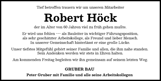Traueranzeige von Robert Höck von Augsburger Allgemeine